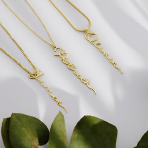 May include: Gold-colored necklaces with personalized cursive name pendants. The necklaces are displayed on a white surface with green leaves. The chains have different styles, including a box chain and a snake chain.