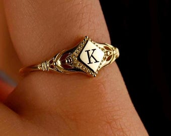 Sterling Silver Rhombus Initial Ring: Personalized Pinky Ring