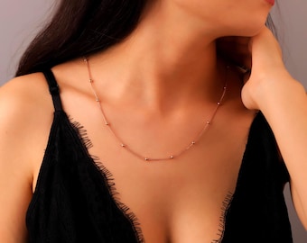 Gold Beaded Satellite Chain Necklace: Sterling Silver, Adjustable Length