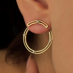 Ear Jacket Earrings • Round Ear Jacket Earrings Gifts • Dainty Ear Jacket Geometric Jewelry • CZ Diamond Earrings