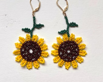 Beaded Sunflower Earrings with Gold Filled hardware