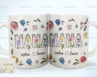 Mug floral personnalisé pour maman, Mug floral avec nom d'enfant, Mug en céramique fleur de maman, cadeau nouvelle maman, cadeau fête des mères