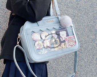 Kawaii Handbag, Ita Shoulder Bag, Pin Display Bag, Transparent Crossbody Bag, Handbag Window Bag, Blue Ita Bag, Japanese Transparent Bag