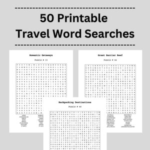 Puede incluir: Un rompecabezas de búsqueda de palabras imprimible con 50 destinos de viaje diferentes. Los rompecabezas están divididos en tres categorías: Escapadas románticas, Gran Barrera de Coral y Destinos de mochilero. Cada rompecabezas tiene un título y un número.