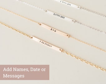 Personalisierte Bar Halskette für Namen, Initialen, Daten, römische Ziffern, Koordinaten | 14k Gold Fill, Sterling Silber | Brautjungfer Geschenk