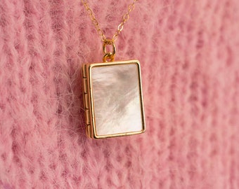 Mother of Pearl Photo Necklace, Gold Filled Rectangle Locket, Best Mothers Day Gift For Mom, Photo Jewelry, Minimalist Sentimental Gift