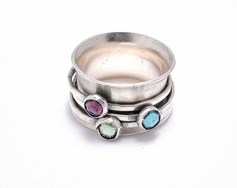 Spinner Ring Sterling Silver For Mom, Kids Birthstone Ring For Mom, Custom Mother's Day Gift For Mom, Fidget Ring, Thumb Ring  For Mom