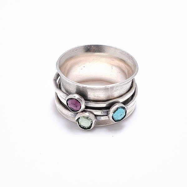 Spinner Ring Sterling Silver For Mom, Kids Birthstone Ring For Mom, Custom Mother's Day Gift For Mom, Fidget Ring, Thumb Ring  For Mom