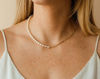 Pearl and Paperclip Chain Necklace For Mom | Pearl Jewelry For Women | Mothers Day Gift For Wife | Wedding Jewelry | Wedding Necklace