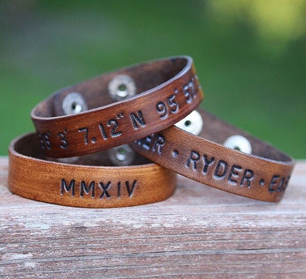 Custom Hand Stamped Bracelet for Men Thin Leather Bracelet Etsy