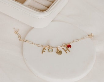 Personalized Charm Bracelet For Her | Initial Charm Bracelet | Birthstone Gold Bracelet | Heart Charm Bracelet | Friendship Bracelet