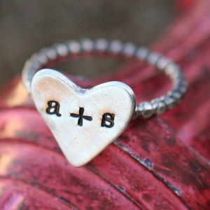 Sterling Heart Ring for Women | Initials Ring for Her | Hand Stamped Ring for Wife