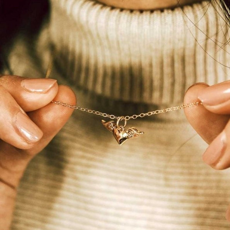 Gold-Filled Memorial Necklace, 14K Heart and Angel Wings Jewelry, Remembrance Keepsake, Grief and Sympathy Gift, Loss of Loved One Necklace image 1