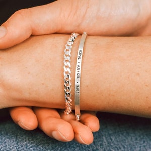 Personalized Dainty Name Bar Bracelet & Cuban Chain Bracelet Set, Custom Jewelry For Mom, Anniversary Gift, Mothers Day Gift For Wife