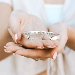 Silver Message Cuff Bracelet With Hearts, Personalized Name Jewelry For Women, Custom Birthday Gift For Wife, Mom, Mothers Day Gift for Her