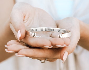 Silver Message Cuff Bracelet With Hearts | Personalized Name Jewelry For Women | Custom Birthday Gift For Wife, Mom | Valentines Day Gift