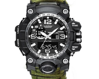 Tactical Watch with built in compass, whistle & more. Rugged watch. Outdoor watch. Best military watch style. 6 in 1 survival watch.