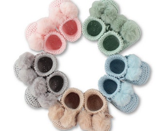 Topsy Faux Fur Pom Pom Baby Bootees - Hand Crocheted with Premium Pure Cotton | Perfect Baby shower or new born gift