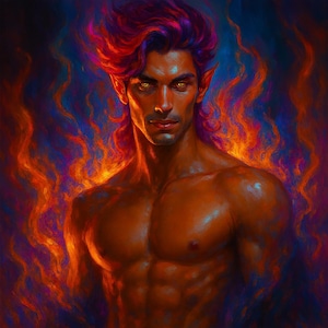 May include: A digital painting of a muscular figure with dark skin, pointed ears, and fiery red and purple hair. The figure has yellow eyes and is surrounded by flames in shades of orange, red, and blue.