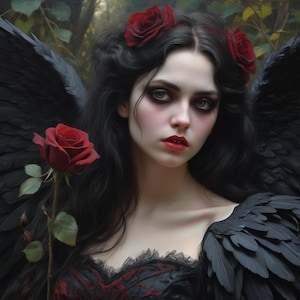 Puede incluir: Retrato de una mujer con cabello negro, maquillaje oscuro y lápiz labial rojo. Lleva un vestido negro con detalles rojos y alas negras de plumas. Rosas rojas adornan su cabello y sostiene una rosa roja.