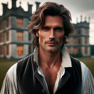 Può includere: Un uomo con capelli castani ondulati e un'espressione seria, indossa una camicia bianca con colletto e un gilet scuro. Lo sfondo presenta un grande edificio signorile con finestre illuminate, che suggerisce un'ambientazione storica.