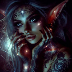 Op de afbeelding: Digitaal portret van een elf met een bleke huid, zilver haar en puntige oren. De elf heeft donkere oogmake-up, een neusring en een lip piercing. Ingewikkelde tatoeages sieren de armen en borst, met een groot rozenontwerp. De afbeelding heeft een mystieke, etherische kwaliteit.