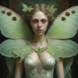 Op de afbeelding: Een digitale schildering van een vrouw met een lichte huid, gekleed in een wit korset en grote groene vlindervleugels. De vleugels hebben donkere vlekken en rode accenten. Groene vlinder haaraccessoires en een groene vlinderhanger maken de etherische look compleet.