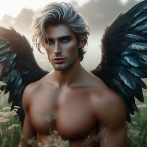 Könnte beinhalten: Digitales Kunstbild einer Person mit silbernem Haar und auffälligen blauen Augen, geschmückt mit großen schwarzen Federflügeln. Die Person steht in einem Feld mit hohem Gras, mit einem weichen, verschwommenen Hintergrund.