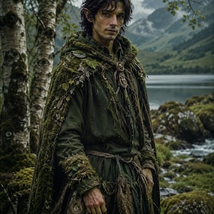 May include: A dark green hooded cloak and tunic ensemble featuring textured moss-like embellishments, frayed edges, and a woven rope belt. The garment includes a circular wooden clasp at the neckline and layered fabric details that mimic forest foliage.