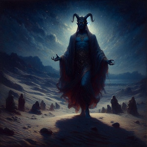 Op de afbeelding: Digitale schildering van een gehoornde, blauwhuidige figuur met uitgestrekte armen, gekleed in een donkere mantel. De figuur staat op een zanderig landschap onder een sterrenhemel, met helder licht van achteren.