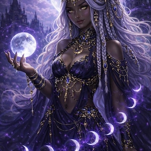 Puede incluir: Ilustraci&oacute;n digital de una mujer con un vestido morado oscuro con detalles dorados y azules, sosteniendo un orbe brillante. Tiene pelo largo blanco y una corona dorada, con una luna llena y un castillo de fondo. Tema de fantas&iacute;a.