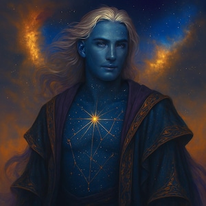 Op de afbeelding: Digitale kunst van een hemels wezen met blauwe huid en lang blond haar. De figuur draagt een donkerblauwe robe met gouden accenten en een paarse voering. Een sterrenbeeldontwerp siert de borst, met een heldere ster in het midden.