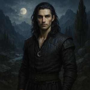 May include: A portrait of a man with long, dark hair and a serious expression. He wears a black leather jacket and a necklace with a crescent moon pendant. The background features a moonlit mountain landscape, creating a dramatic and fantasy-inspired scene.