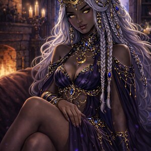 Puede incluir: Ilustraci&oacute;n de una mujer con largo cabello plateado y elaboradas joyas doradas y azules. Viste un vestido morado oscuro con detalles dorados. El fondo presenta una chimenea, velas y una luna llena.