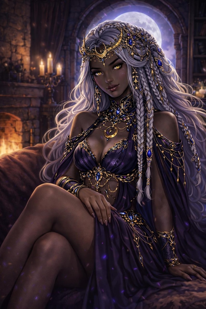 Puede incluir: Ilustraci&oacute;n de una mujer con largo cabello plateado y elaboradas joyas doradas y azules. Viste un vestido morado oscuro con detalles dorados. El fondo presenta una chimenea, velas y una luna llena.