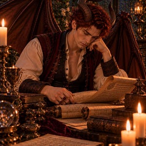 May include: A figure with dark, curved horns and large, leathery wings sits at a desk reading a parchment scroll. The individual wears a cream-colored shirt under a dark red, textured vest. The scene is illuminated by multiple lit candles.