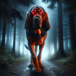 Op de afbeelding: Een digitale illustratie van een Bloodhound-hond met gloeiende rode ogen, die op een pad door een donker, mistig bos naar de kijker toe loopt. De hond heeft bruine en zwarte vacht, met lange, slappe oren.