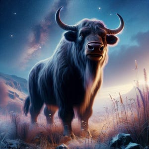 Op de afbeelding: Digitale kunst van een yak die in een veld staat met hoog gras en bergen op de achtergrond. De yak is donker met lang haar, grote hoorns en een lange baard. De lucht is een mix van blauw, paars en oranje, met een paar zichtbare sterren.