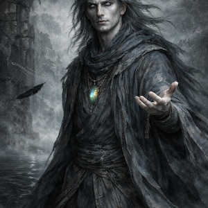 May include: A digital painting of a man with long silver hair and pale skin, wearing dark, flowing robes. He has a serious expression and is holding out his hand. A colorful pendant hangs around his neck. The background features a misty landscape with water and a dark archway.