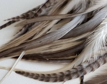 YUMMY SILVER Wide Feather Extensions PLUS 5 Free Crimp Beads - Natural Silver Platinum Gray Greige Salon Mix Boho Hair Feather Extensions