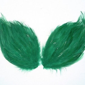 May include: Two large, green feathers with a soft, fluffy texture. The feathers are arranged in a symmetrical pattern, resembling wings.
