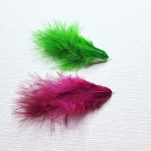 May include: Two feathers, one green and one pink, are shown against a white background. The feathers are soft and fluffy.