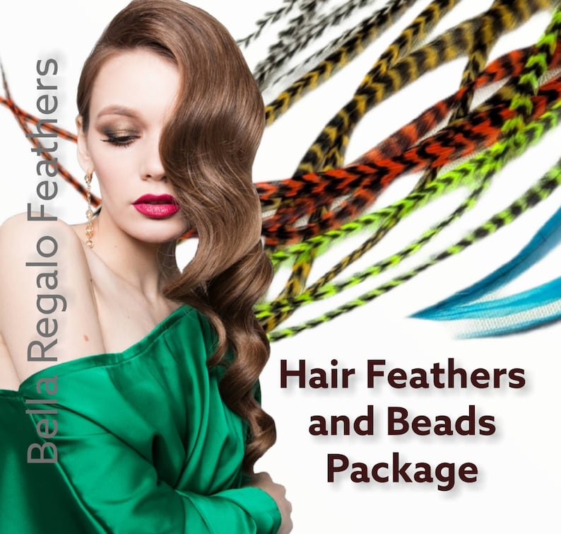 LOOK GOAL 3 Euro Feathers + 3 Beads, Premium Hair Feather Extensions Pick Color Length image 9