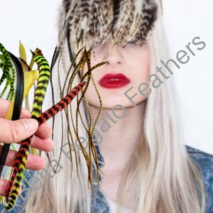 LOOK GOAL 3 Euro Feathers + 3 Beads, Premium Hair Feather Extensions Pick Color Length image 2