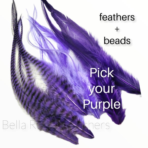 PURPLE FEATHERS - Long Wide Purple Solid & Grizzly Feather Hair Extensions Plus 3 Beads, Beauty Salon Quality Hair Feather Packs