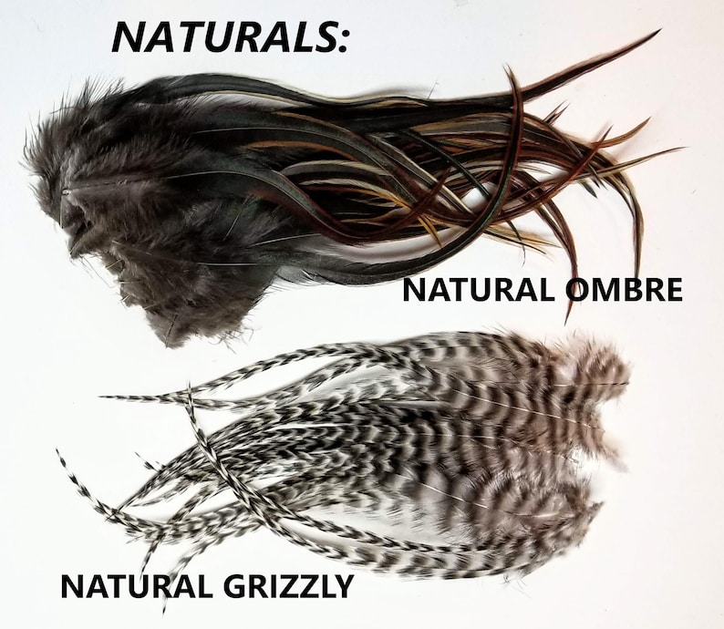 May include: Three bundles of feathers, labeled "Naturals", "Natural Ombre", and "Natural Grizzly". The feathers are various shades of brown, black, and white.