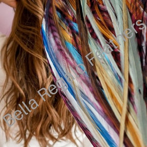 MARDI GRAS Party Mix - 7-11" Long Hair Feather Extensions + 5 Free Beads, Mixed Seafoam Blue Ombre Persimmon Wine Feather Hair Extensions