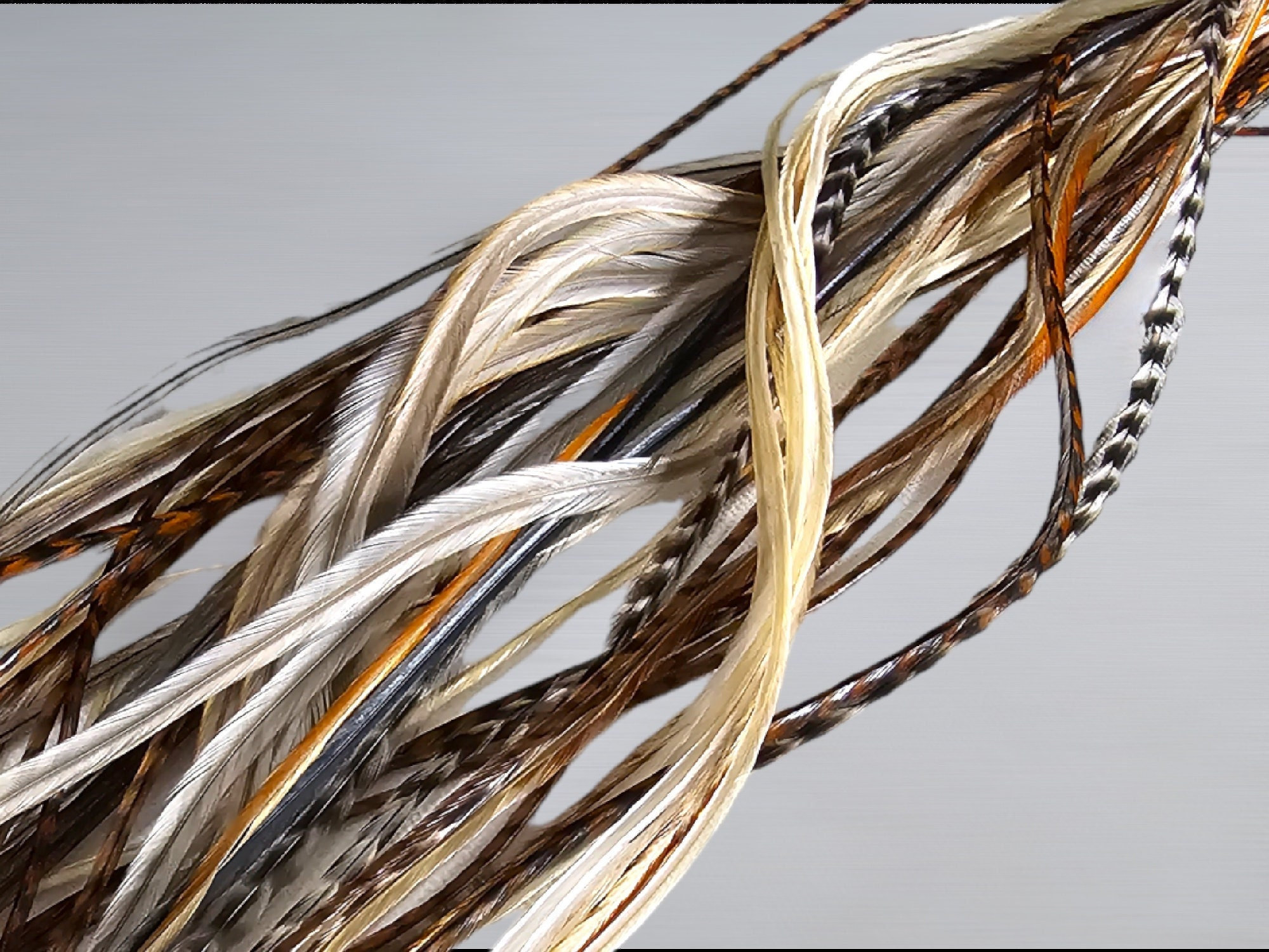 10 FEATHERS Plus 5 Beads - New VARIETY PACK Long Skinny Hair Feather Extensions - Brown Grizzly, Gray Grizzly, Pearl, Bronze, Gray