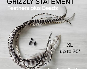 Up to 20" Long GRIZZLY STATEMENT Feathers + 5 Beads Extra Long Feather Hair Extensions