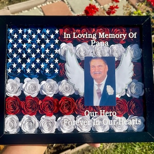 American Flag Memorial Shadow Box/ American Flag Shadow Box/ Customizable Paper Rose American Flag Shadow Box